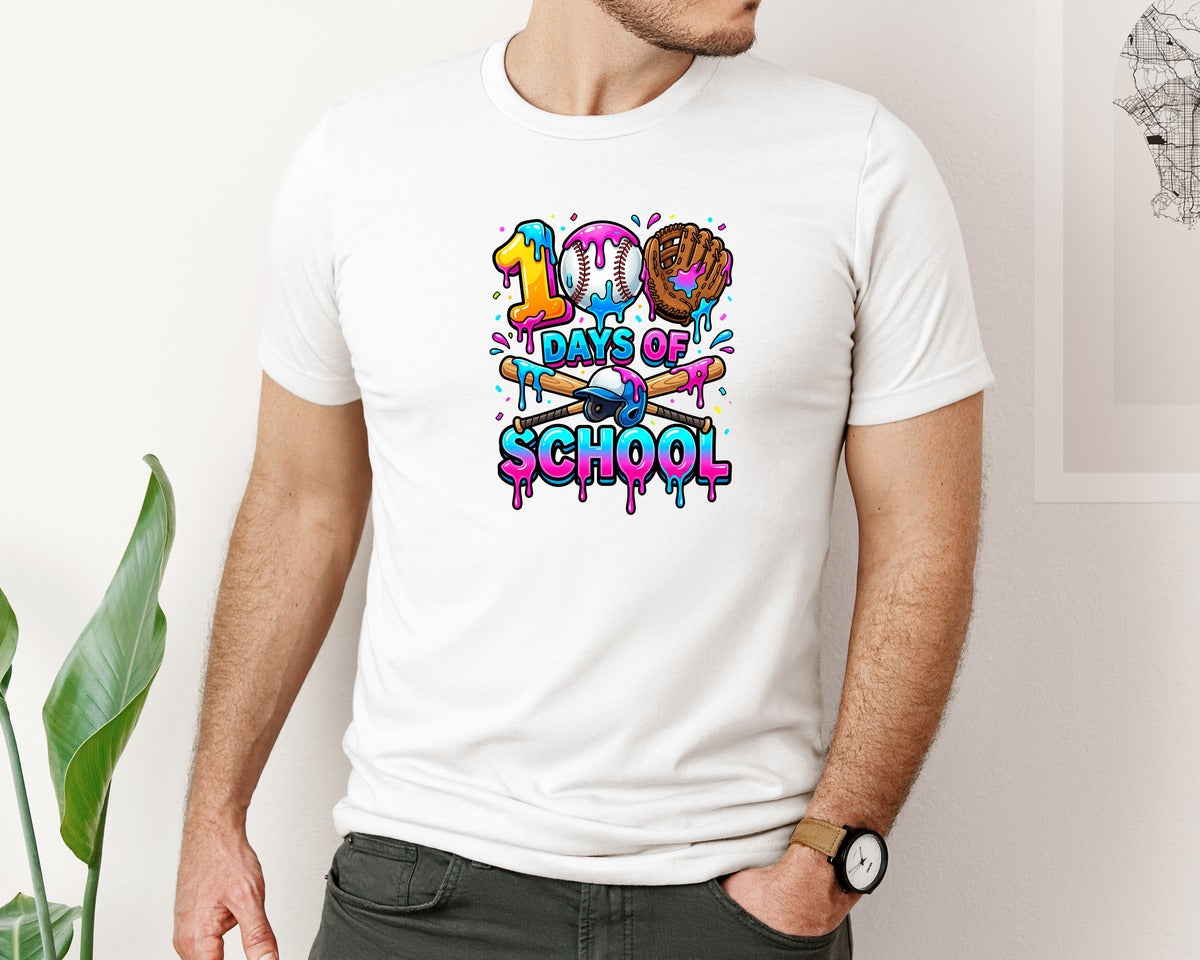brand:Bella Canvas|color:White|100 Days Colorful Dripping Baseball Graphic T-Shirt