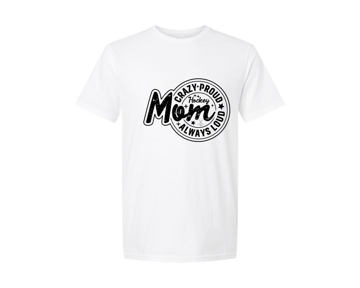 brand:Generic|color:White|Crazy Proud Always Hockey Mom Design Graphic T-Shirt