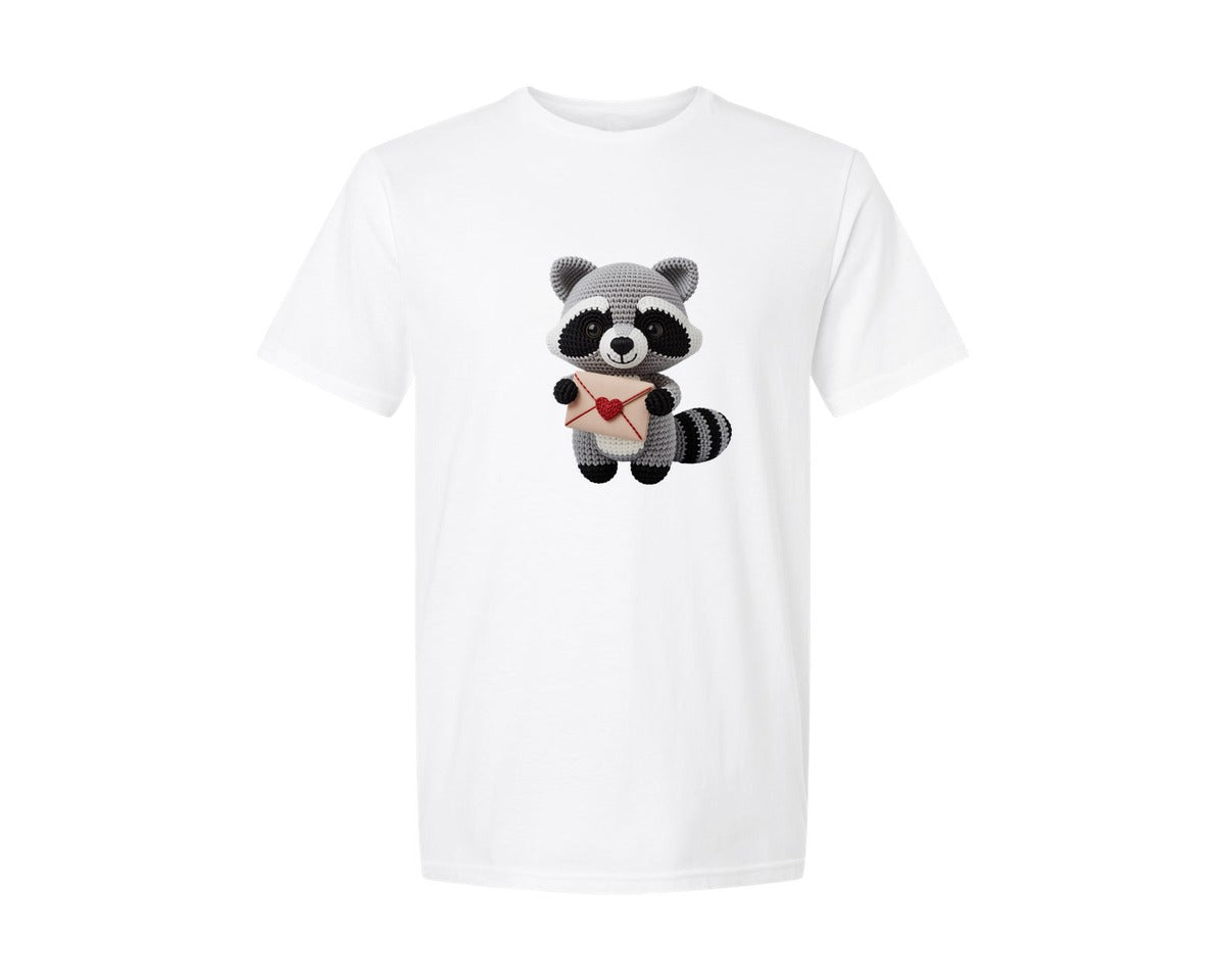 brand:Generic|color:White|Crochet Raccoon Holding Love Letter Graphic T-Shirt