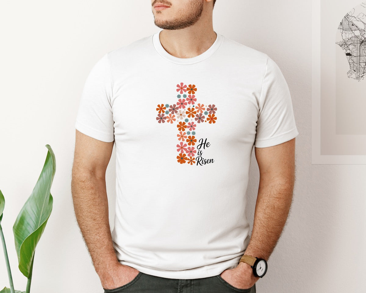 brand:Bella Canvas|color:White|He Is Risen Floral Easter Graphic T-Shirt