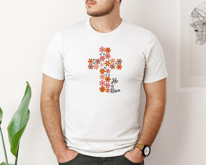 brand:Bella Canvas|color:White|He Is Risen Floral Easter Graphic T-Shirt
