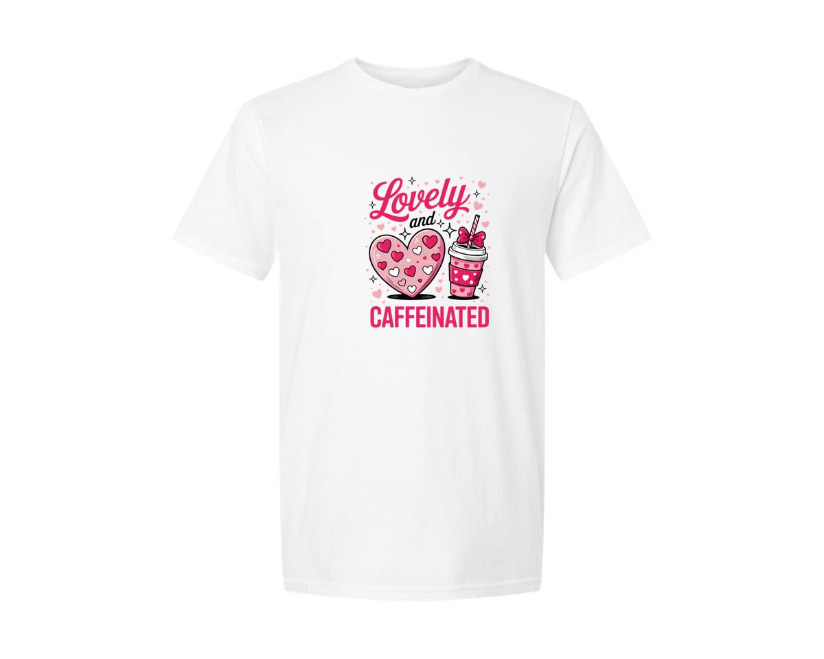 brand:Generic|color:White|Lovely And Caffeinated Valentine Graphic T-Shirt