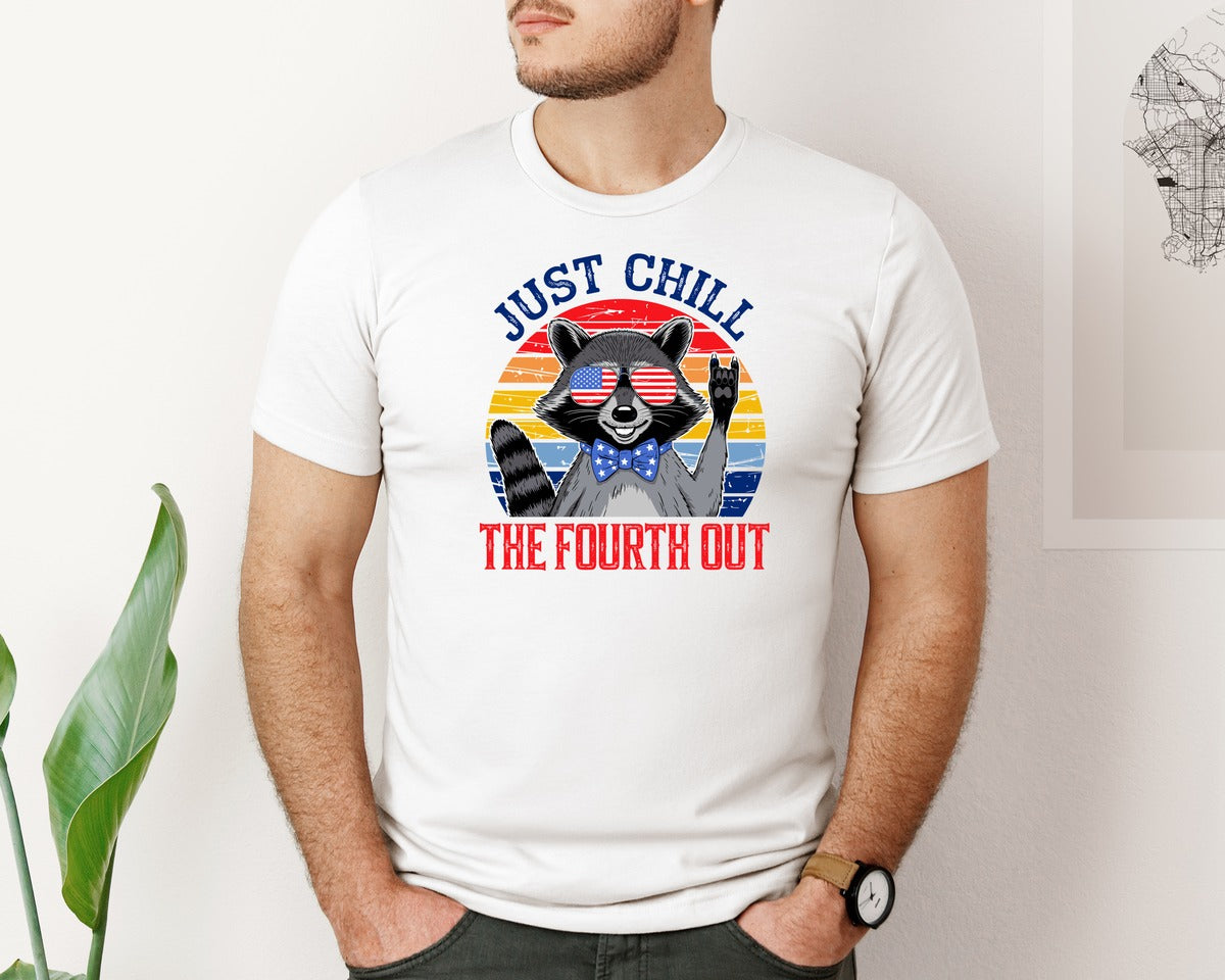 brand:Bella Canvas|color:White|Retro Raccoon 4Th Of July Chill Vibes Graphic T-Shirt