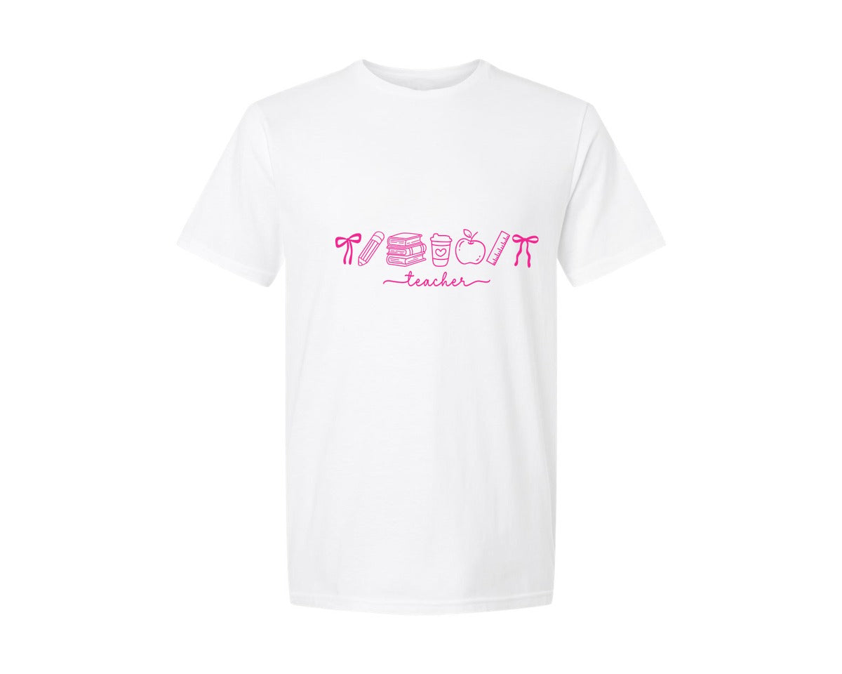 brand:Generic|color:White|Teacher Life Preppy Teacher Pink Bow Graphic T-Shirt