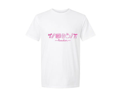 brand:Generic|color:White|Teacher Life Preppy Teacher Pink Bow Graphic T-Shirt