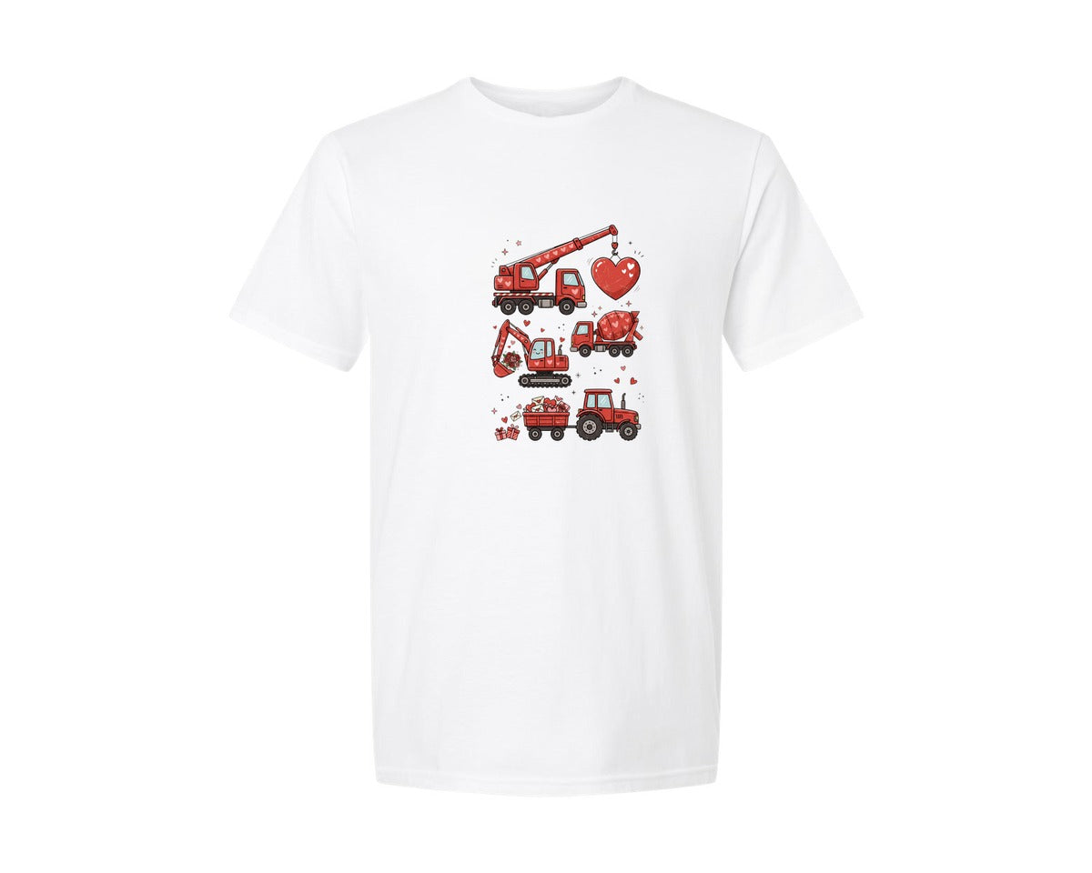 brand:Generic|color:White|Valentine Day Construction Vehicles Graphic T-Shirt