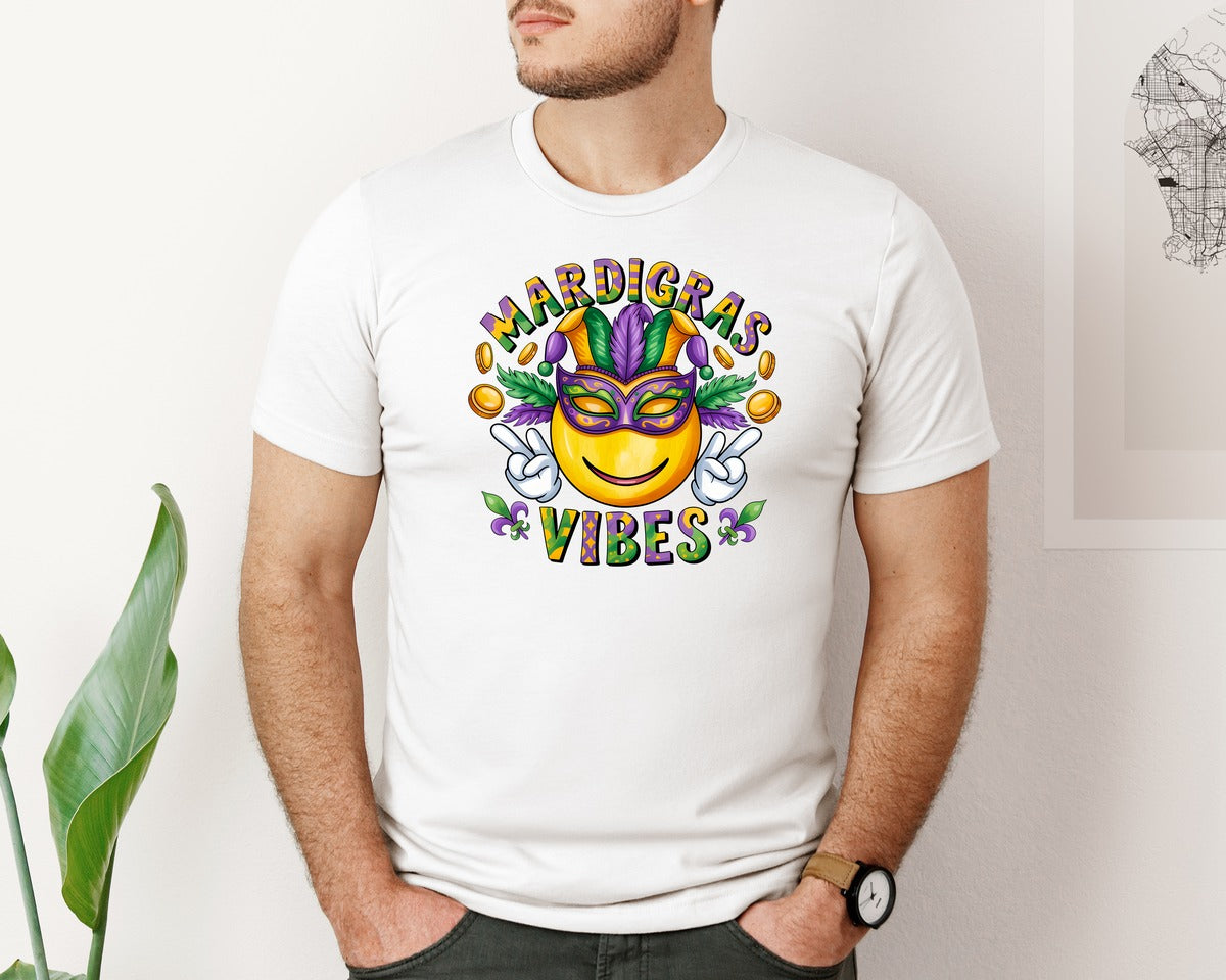 brand:Bella Canvas|color:White|Mardi Gras Vibes Smiley Face 2 Graphic T-Shirt