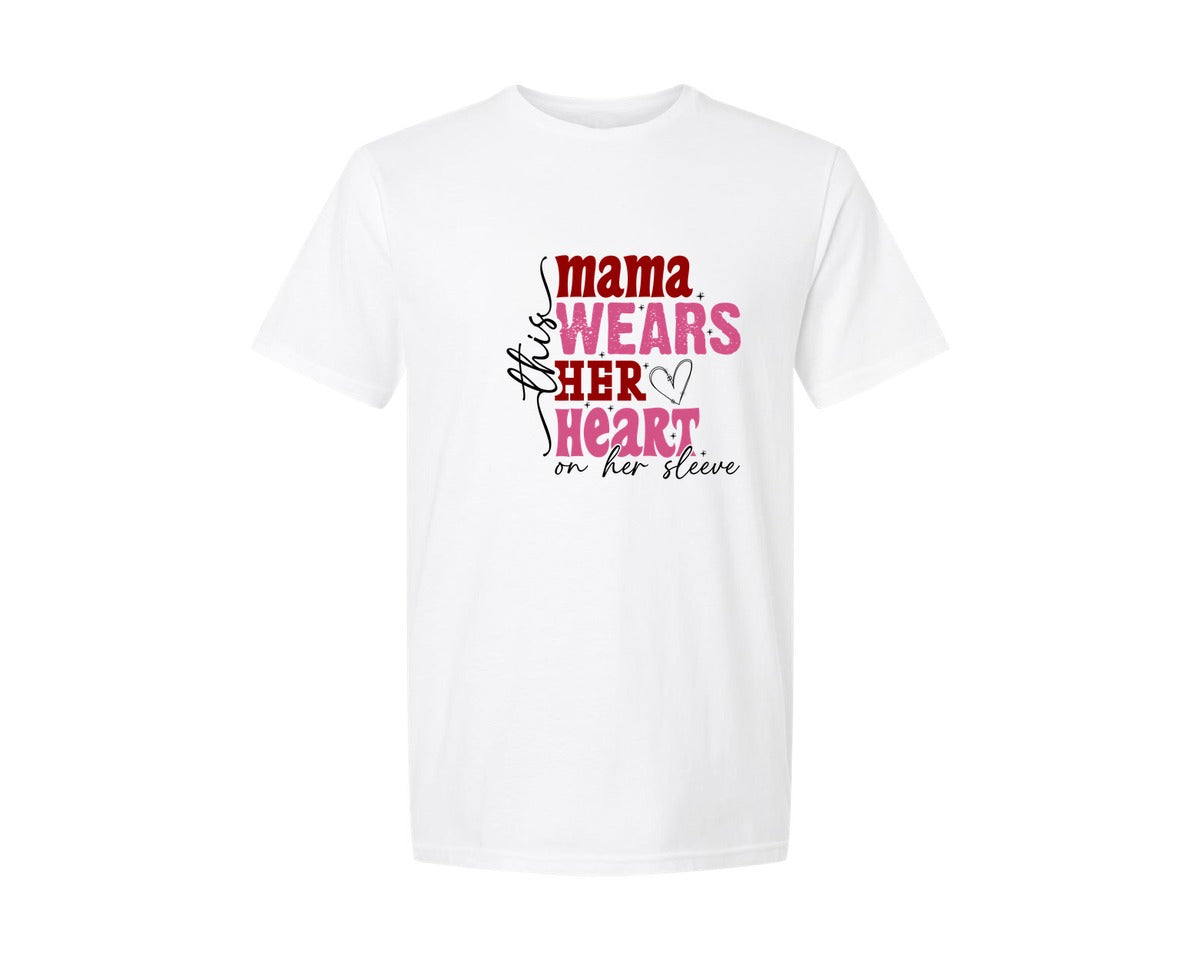 brand:Generic|color:White|This Mama Wears Her Heart On Her Sleeve 84 Graphic T-Shirt