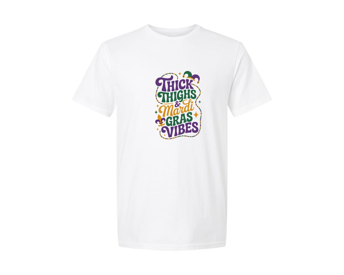 brand:Generic|color:White|Thick Thighs Mardi Gras Vibes 3 Graphic T-Shirt