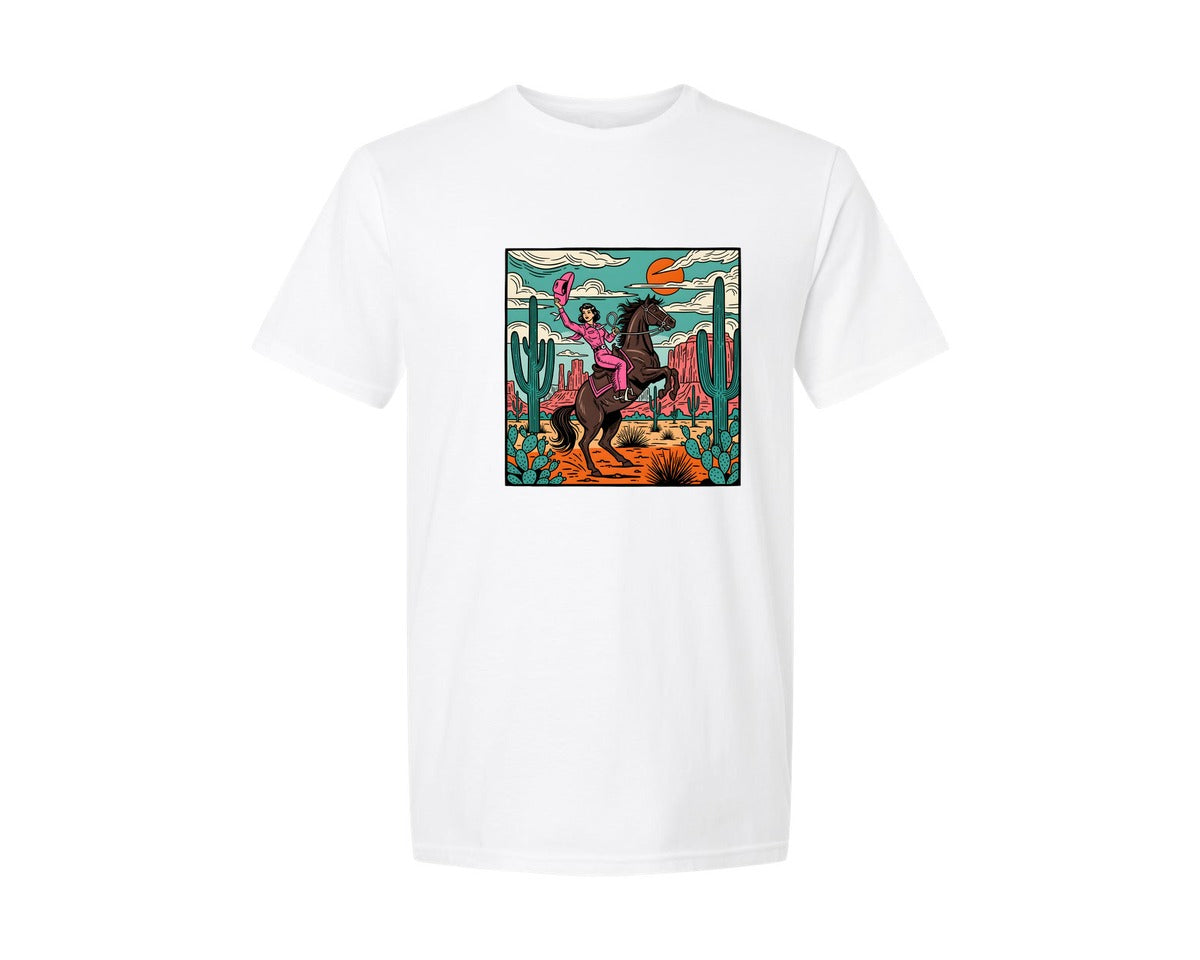 brand:Generic|color:White|Desert Cowgirl Riding Horse Western Graphic T-Shirt