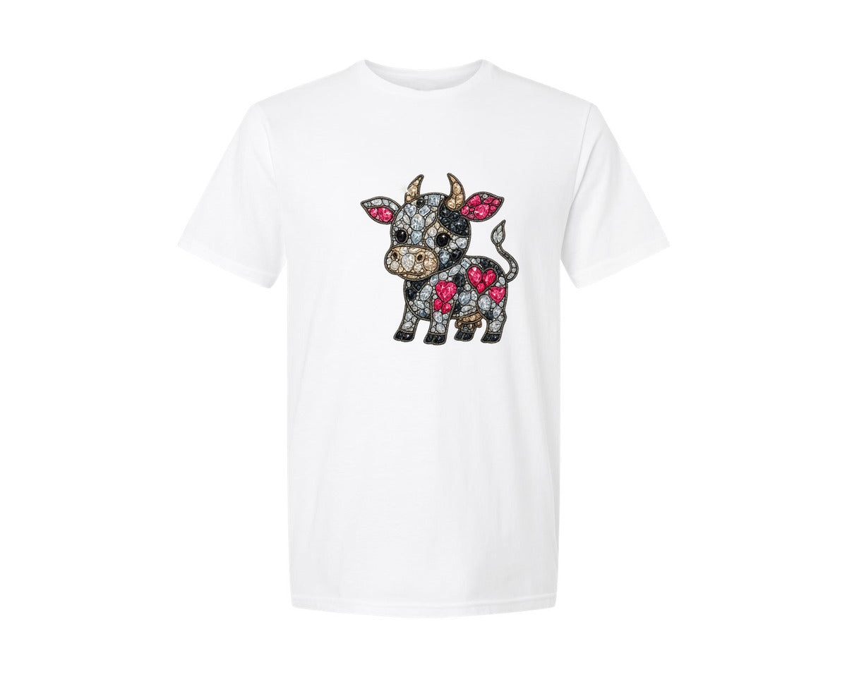 brand:Generic|color:White|Faux Rhinestone Cow 3 Graphic T-Shirt