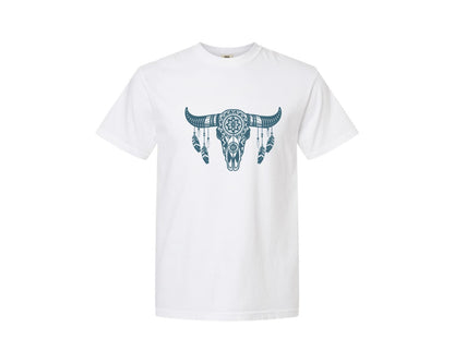 brand:Comfort Colors|color:White|Western Bull Skull Aztec Boho Longhorn Graphic T-Shirt