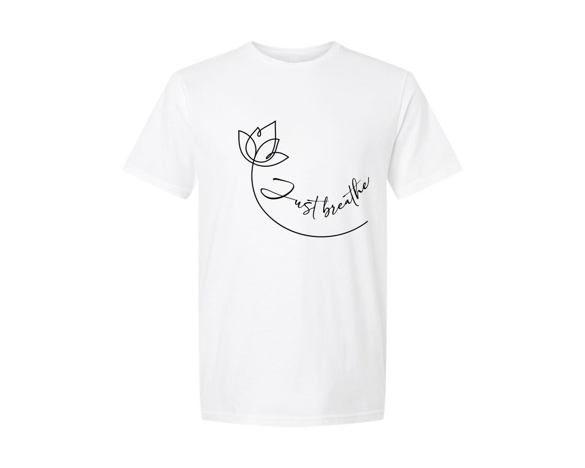 brand:Generic|color:White|Just Breathe Yoga Lotus Graphic T-Shirt