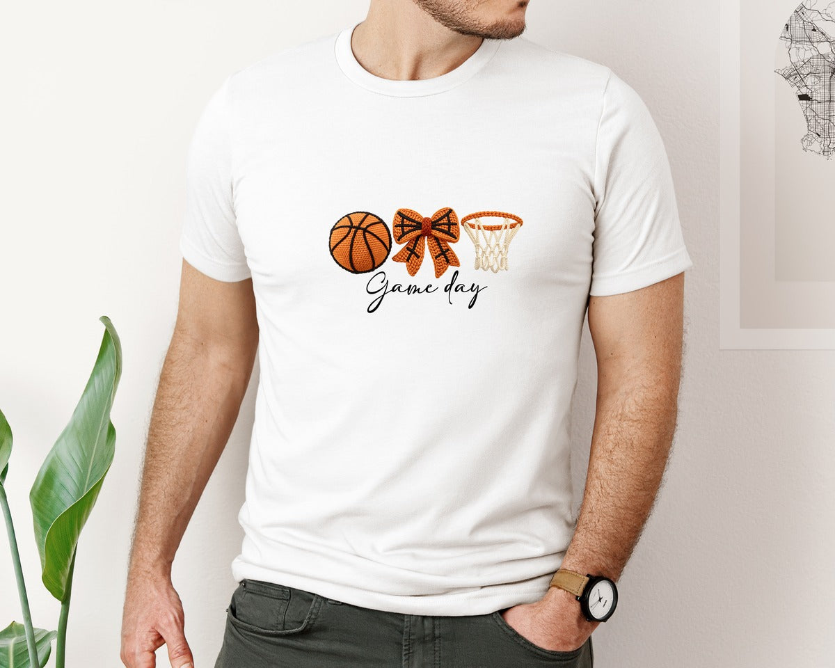 brand:Bella Canvas|color:White|Game Day Faux Yarn Basketball 3 Graphic T-Shirt