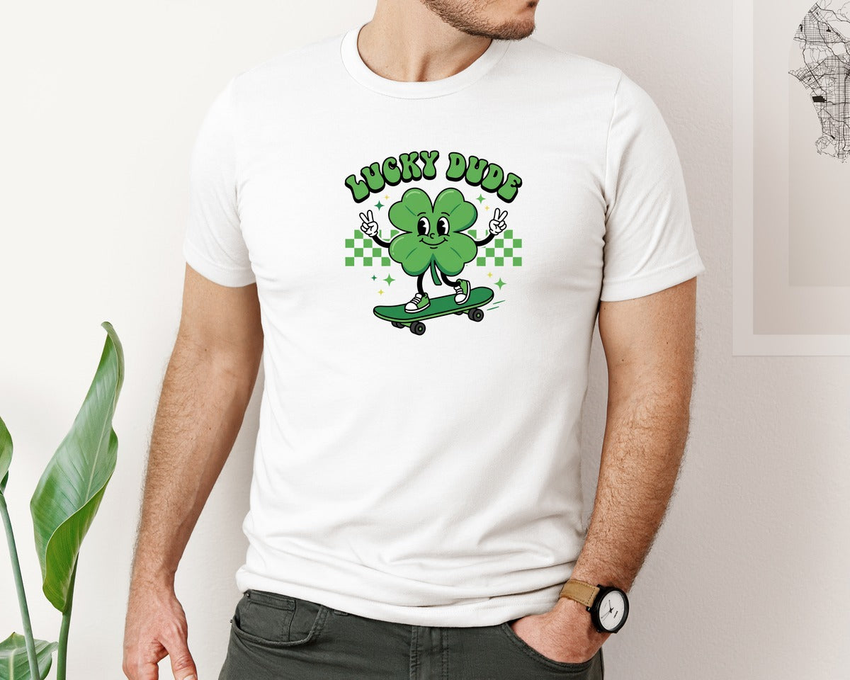 brand:Bella Canvas|color:White|Lucky Dude Shamrock Skateboard 2 Graphic T-Shirt