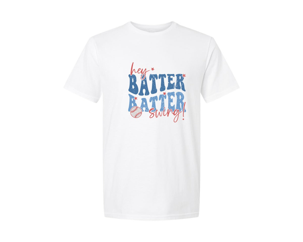 brand:Generic|color:White|Retro Baseball Hey Batter Batter Swing Graphic T-Shirt