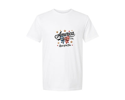 brand:Generic|color:White|Patriotic Ribbon Bow With Gold Stars Graphic T-Shirt