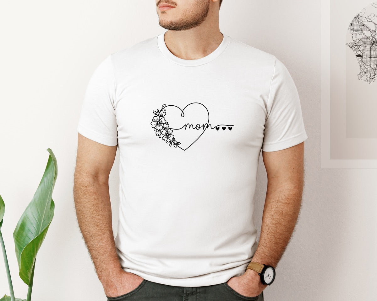 brand:Bella Canvas|color:White|Floral Heart Line Art Mom Graphic T-Shirt