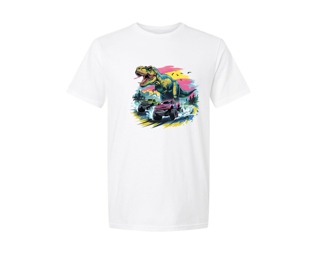 brand:Generic|color:White|Dino Monster Trucks Adventure Art Graphic T-Shirt