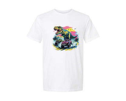 brand:Generic|color:White|Dino Monster Trucks Adventure Art Graphic T-Shirt