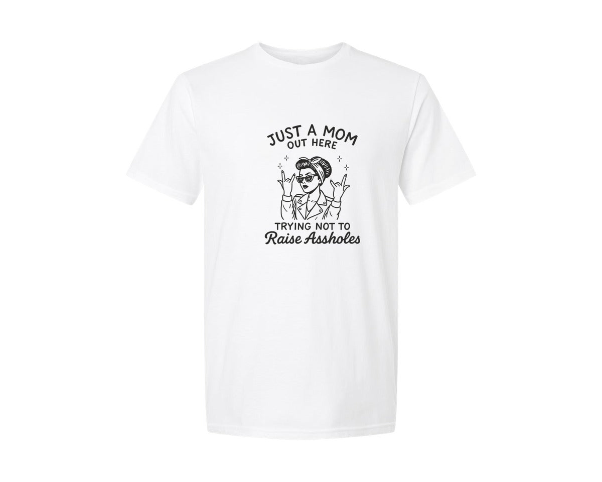 brand:Generic|color:White|Just A Mom Trying Not To Raise Aholes Graphic T-Shirt