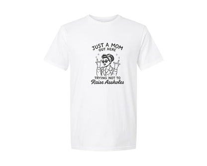 brand:Generic|color:White|Just A Mom Trying Not To Raise Aholes Graphic T-Shirt
