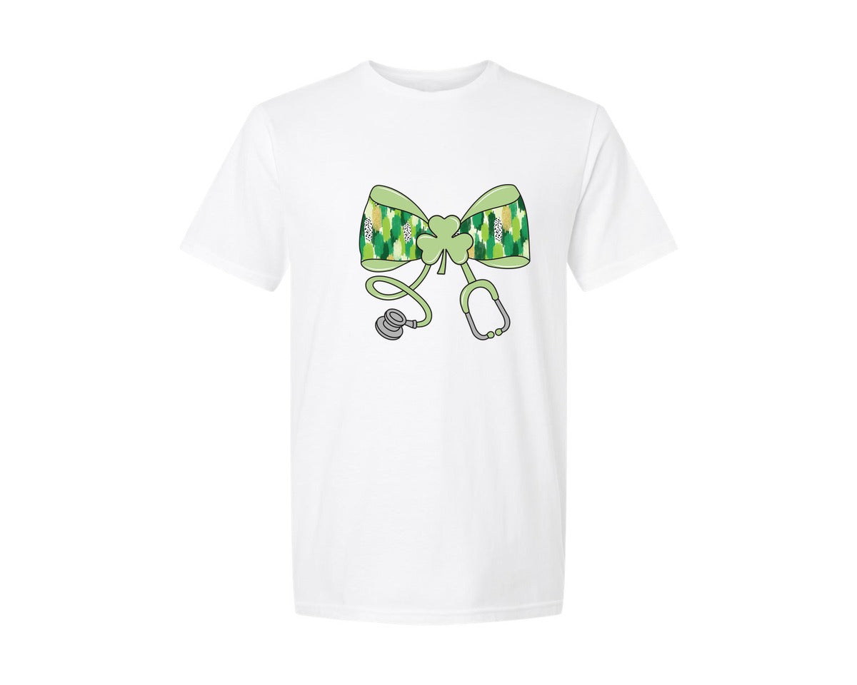 brand:Generic|color:White|St Patricks Day Nurse Bow 5 Graphic T-Shirt