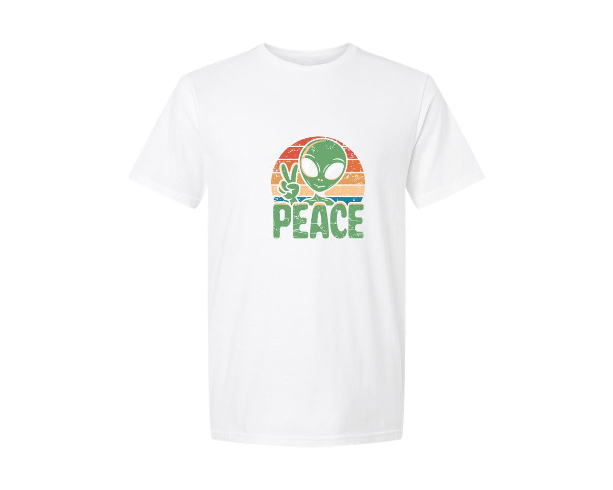 brand:Generic|color:White|Alien Ufo Peace Sign Retro Tshirt Design Graphic T-Shirt