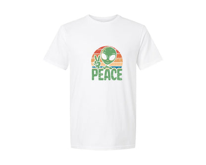 brand:Generic|color:White|Alien Ufo Peace Sign Retro Tshirt Design Graphic T-Shirt