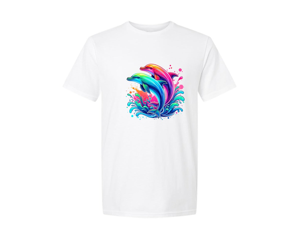 brand:Generic|color:White|Colorful Neon Ocean Dolphins Graphic T-Shirt