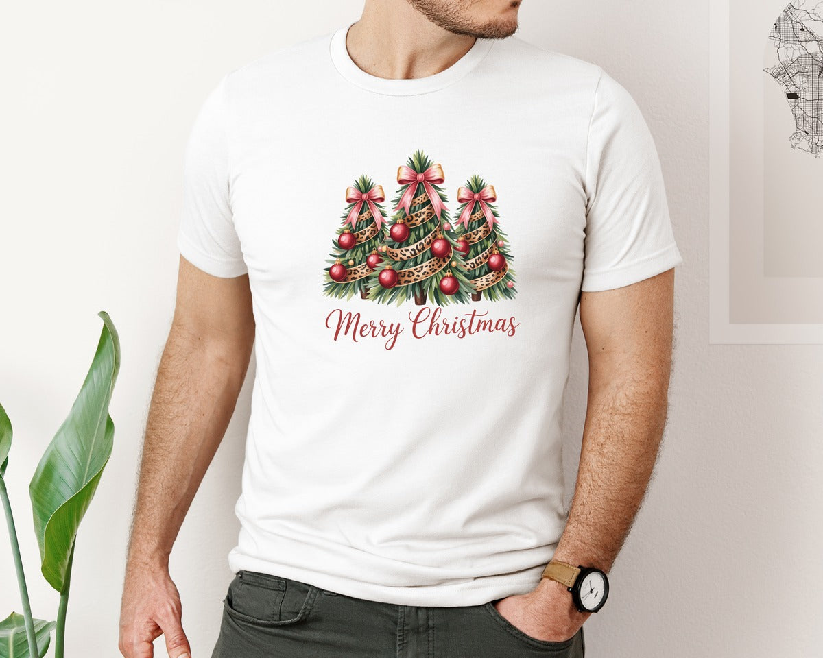 brand:Bella Canvas|color:White|Christmas Tree Coquette Bow 2 Graphic T-Shirt