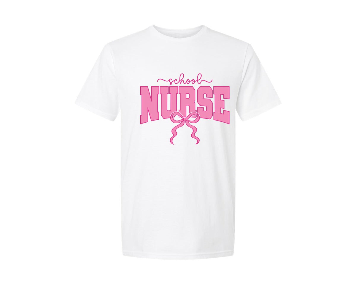 brand:Generic|color:White|School Nurse Coquette Nurse Pink Bow Graphic T-Shirt