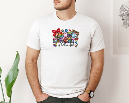 brand:Bella Canvas|color:White|Yarn Neurodiversity Is Beautiful Autism Graphic T-Shirt