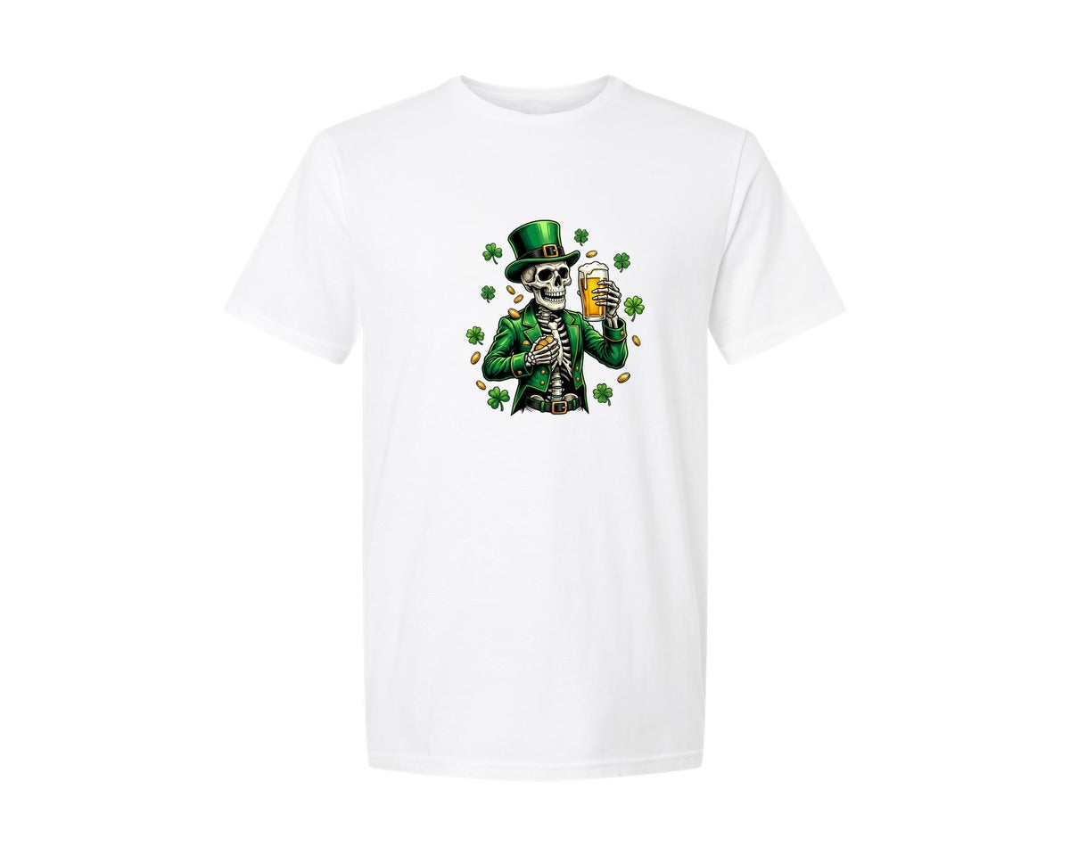 brand:Generic|color:White|Funny Irish Skeleton Drinking Beer Graphic T-Shirt