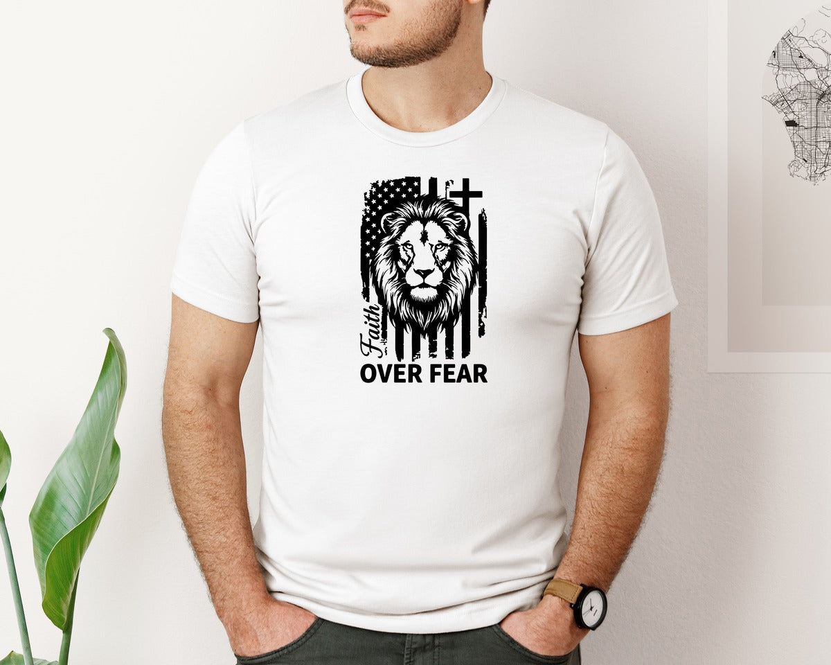 brand:Bella Canvas|color:White|Faith Over Fear Lion With Flag Graphic T-Shirt