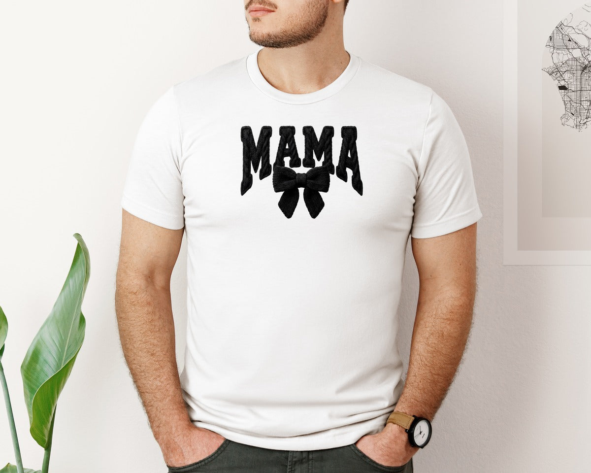 brand:Bella Canvas|color:White|Faux Yarn Mama Coquette Bow Graphic T-Shirt