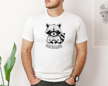 brand:Bella Canvas|color:White|Funny Grumpy Raccoon Coffee Illustration Graphic T-Shirt