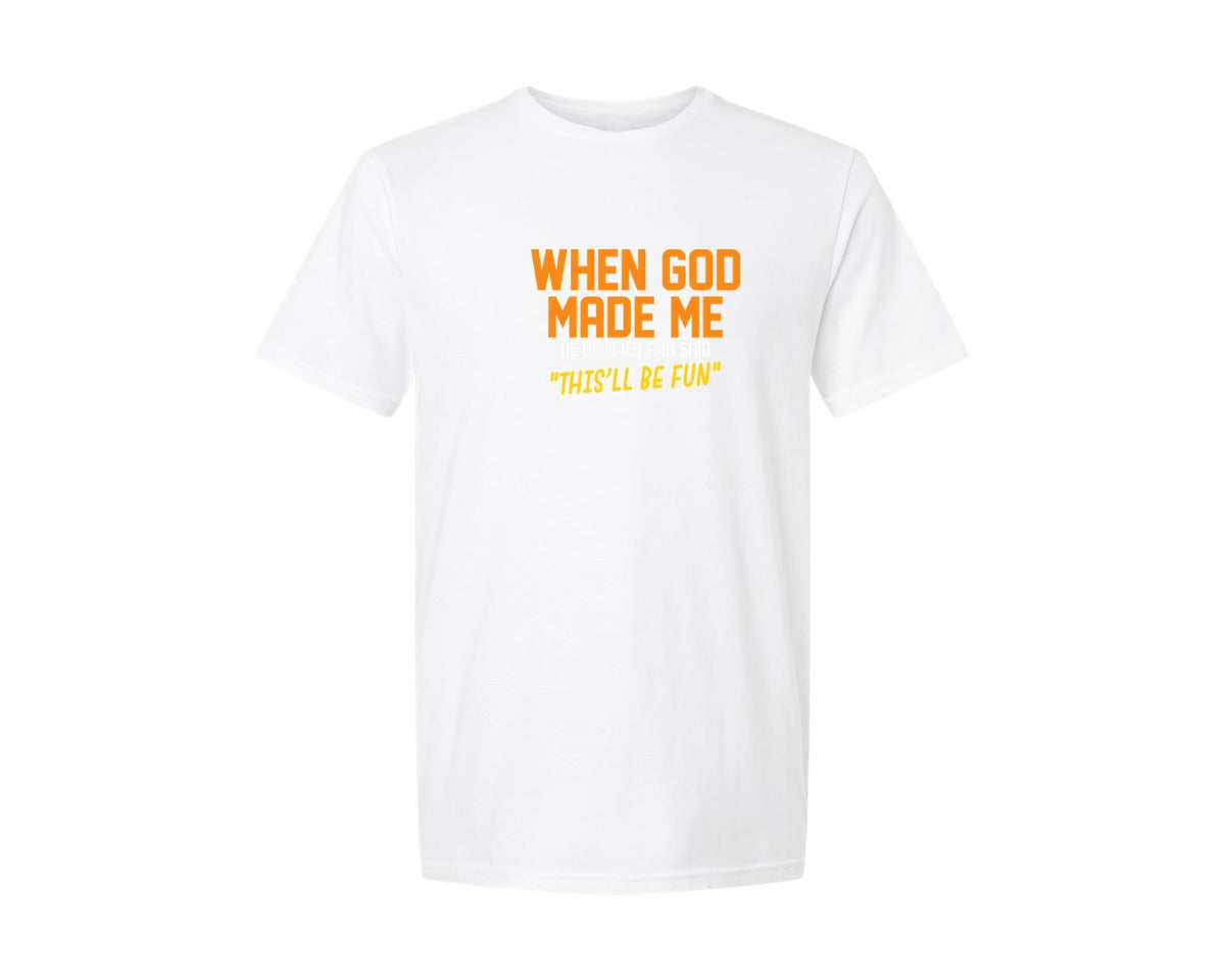 brand:Generic|color:White|When God Made Me Funny Christian Tee Graphic T-Shirt