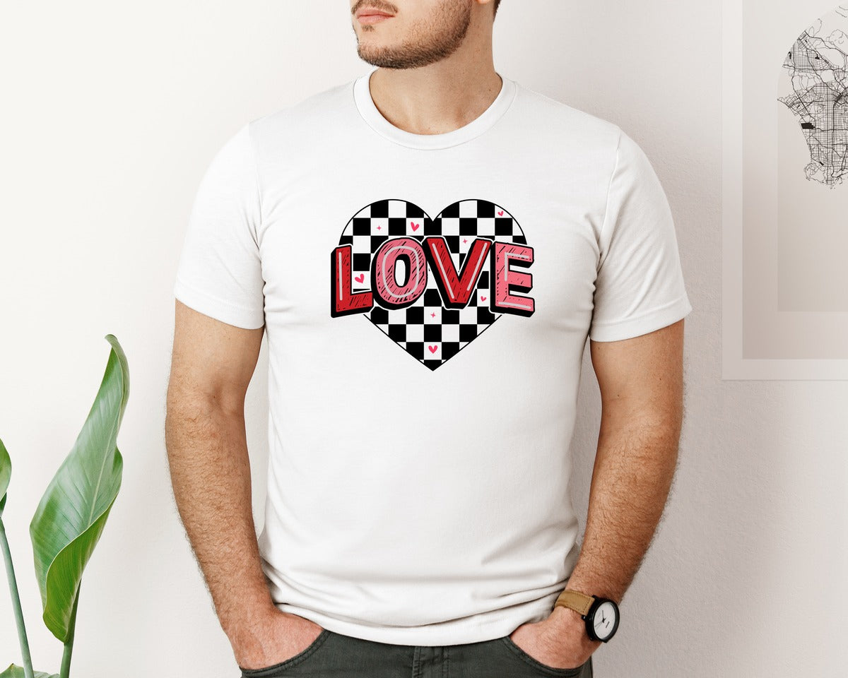 brand:Bella Canvas|color:White|Valentines Day Checkered Heart Love Graphic T-Shirt