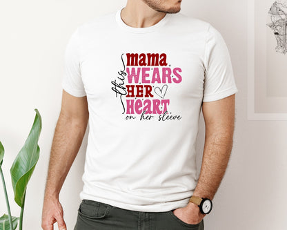 brand:Bella Canvas|color:White|This Mama Wears Her Heart On Her Sleeve 84 Graphic T-Shirt