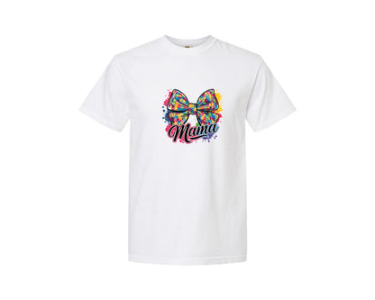 brand:Comfort Colors|color:White|Autism Mama Colorful Puzzle Bow Art Graphic T-Shirt