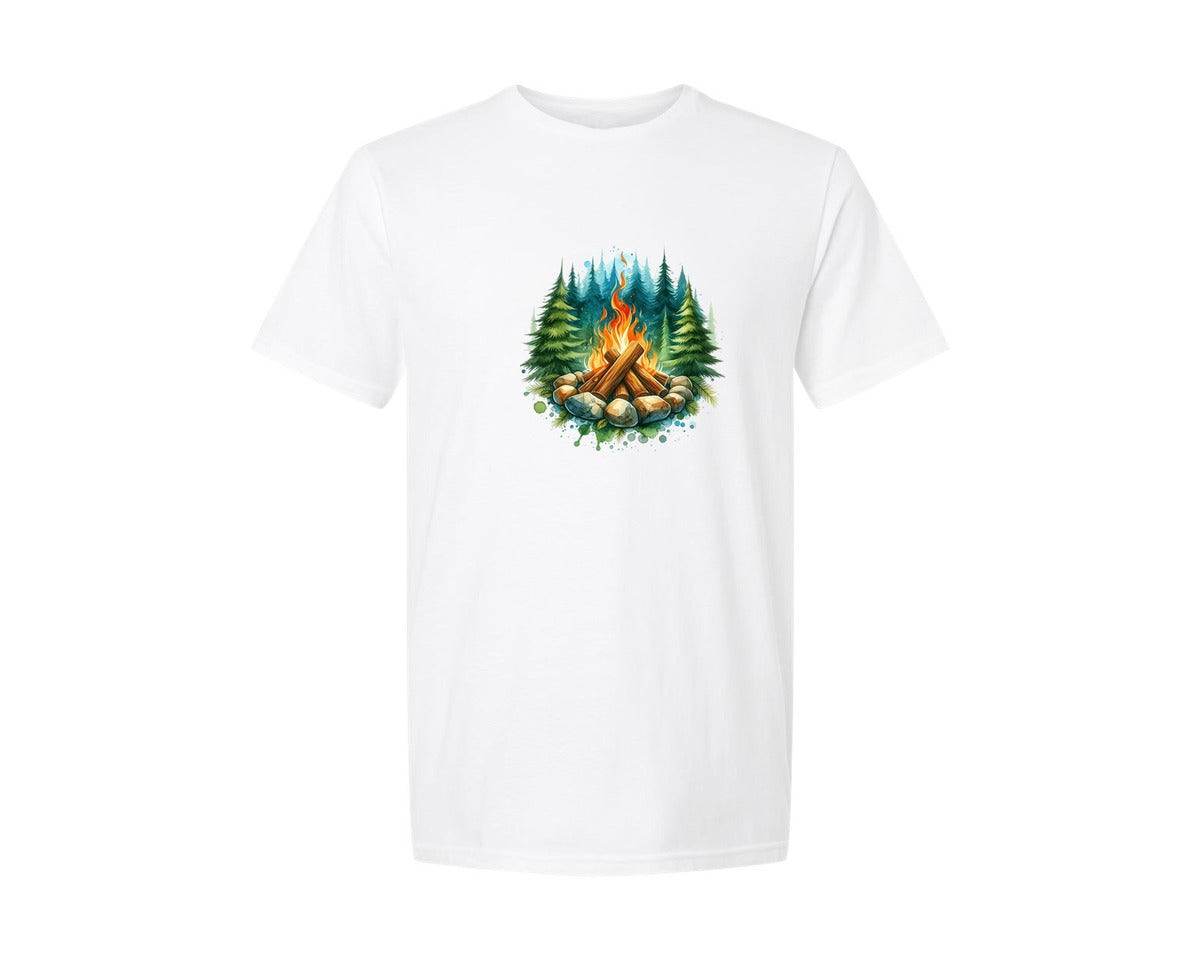 brand:Generic|color:White|Campfire Scene Outdoor Camping Graphic T-Shirt