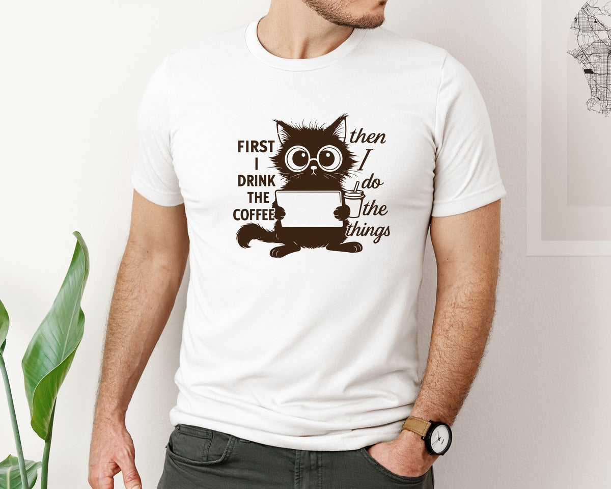 brand:Bella Canvas|color:White|Funny Coffee Cat 3 Graphic T-Shirt