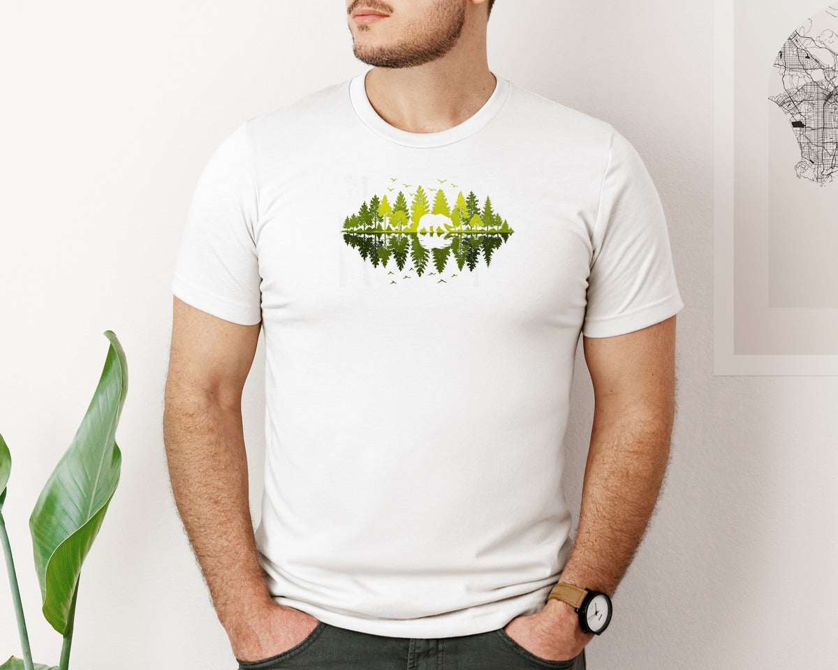 brand:Bella Canvas|color:White|Trees Reflection Wildlife Animal Bear Graphic T-Shirt