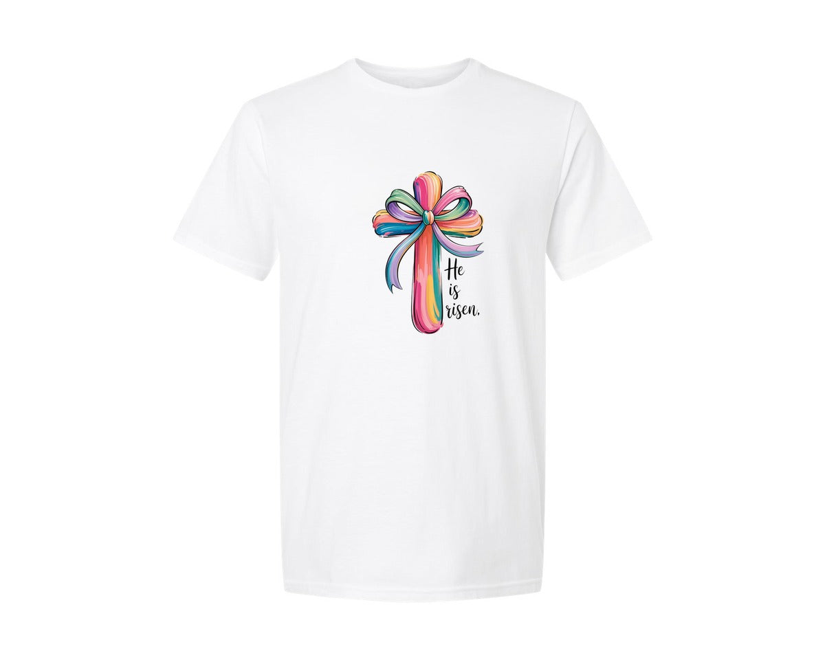 brand:Generic|color:White|Cross Easter Pink He Is Risen Graphic T-Shirt