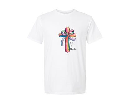 brand:Generic|color:White|Cross Easter Pink He Is Risen Graphic T-Shirt