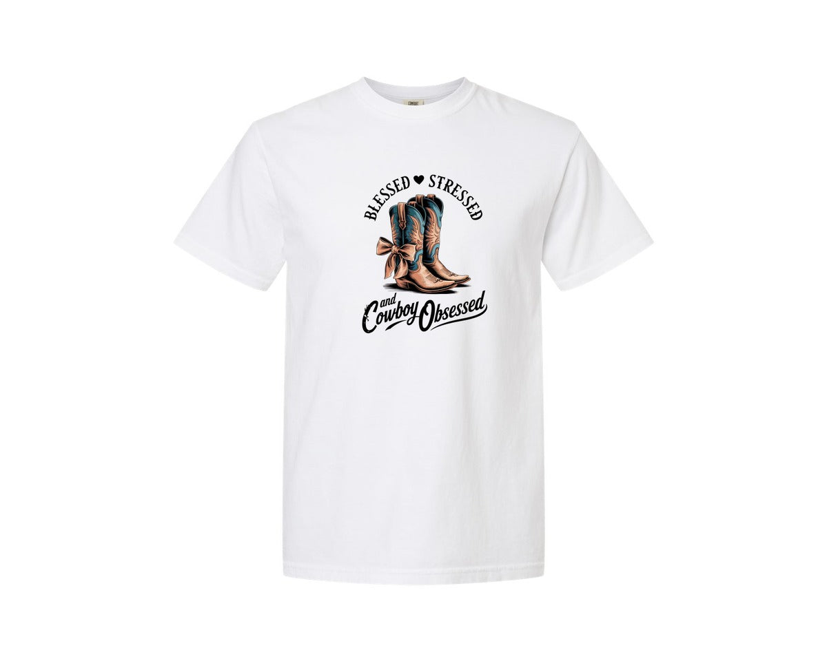 brand:Comfort Colors|color:White|Blessed Stressed Mom Western Mothers Day 3 Graphic T-Shirt