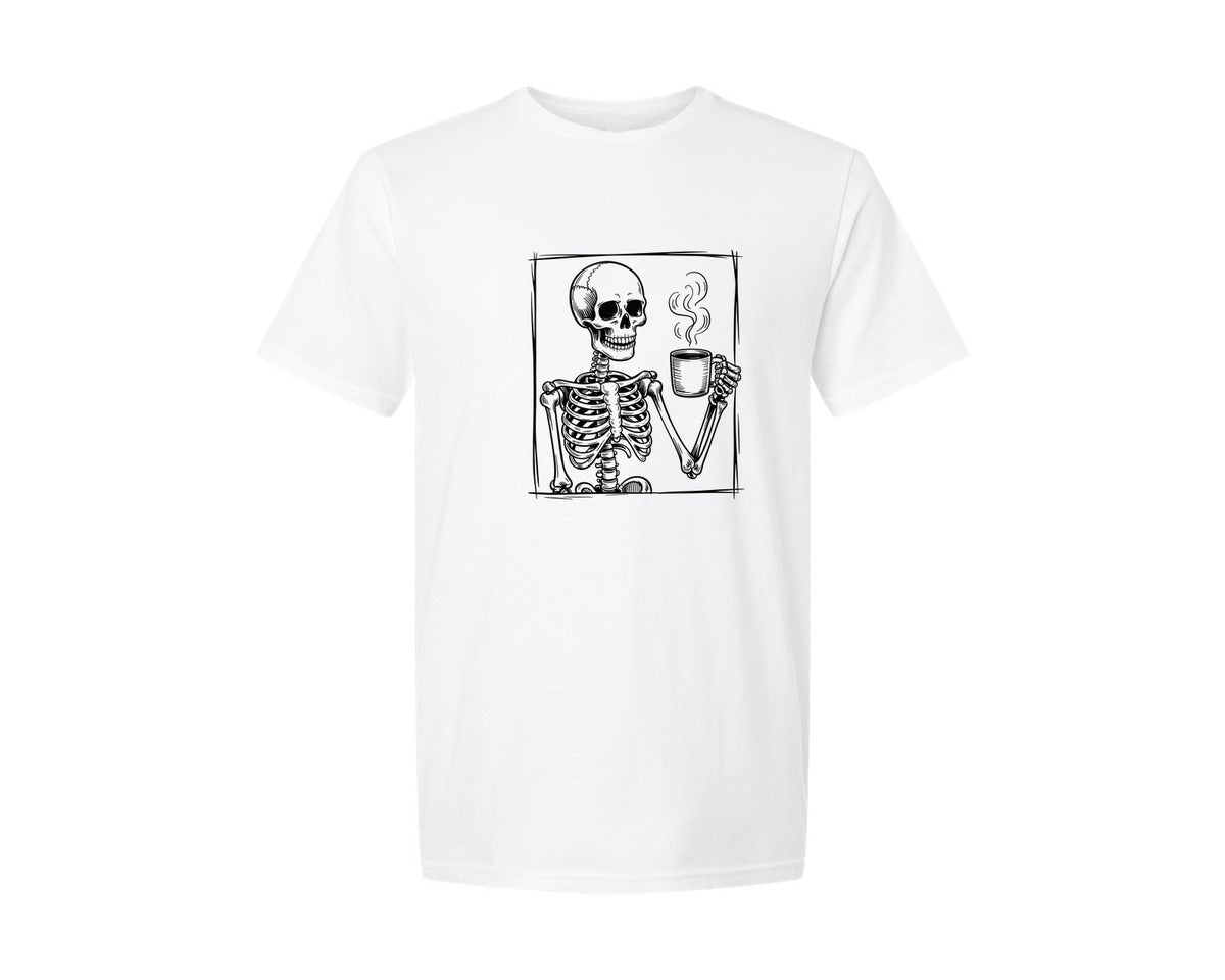 brand:Generic|color:White|Coffee Skeleton Halloween Graphic T-Shirt
