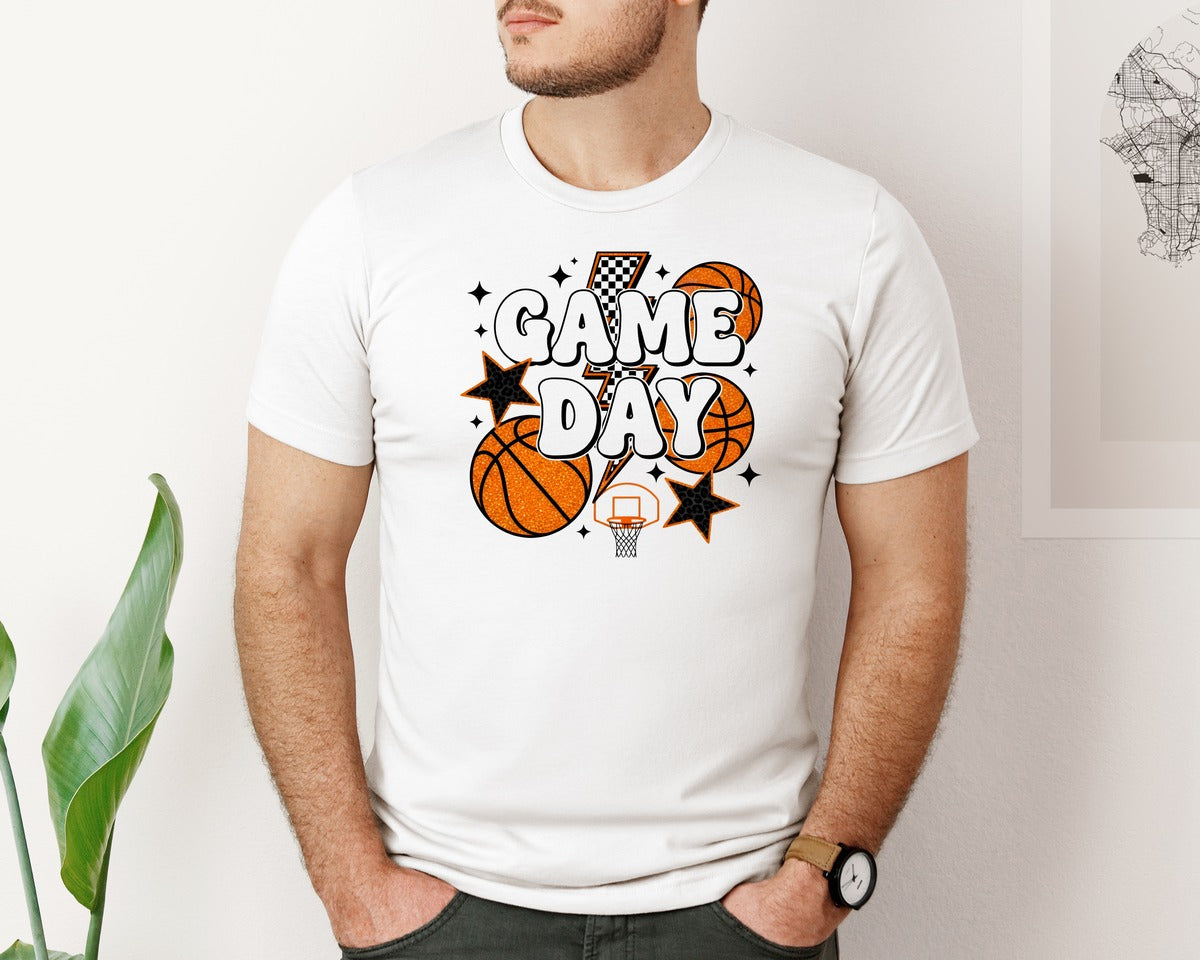 brand:Bella Canvas|color:White|Glitter Basketball Game Day Graphic T-Shirt