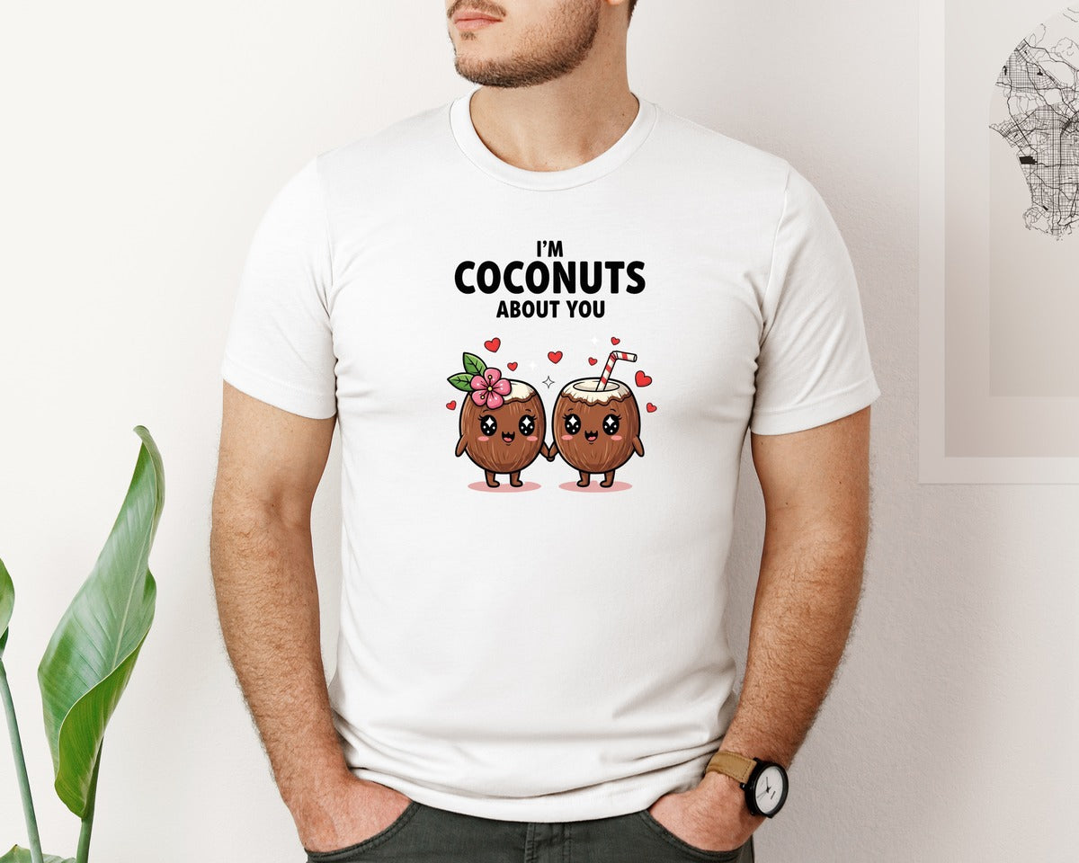 brand:Bella Canvas|color:White|I Am Coconuts About You Funny Tropical Graphic T-Shirt